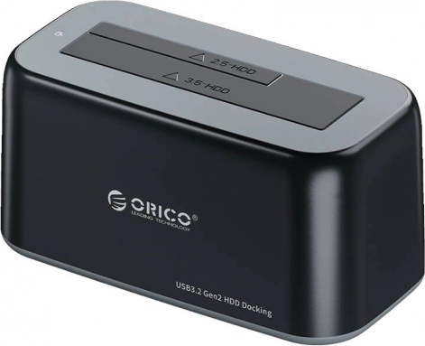 Polnilna/dok postaja ORICO za 2,5"/3,5" HDD/SSD, USB‑C, 10 Gb/s, kloniranje diskov, črna