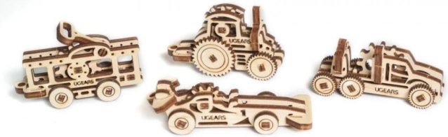 Ugears 3D lesene mehanske sestavljanke – komplet 4 obeskov vozil