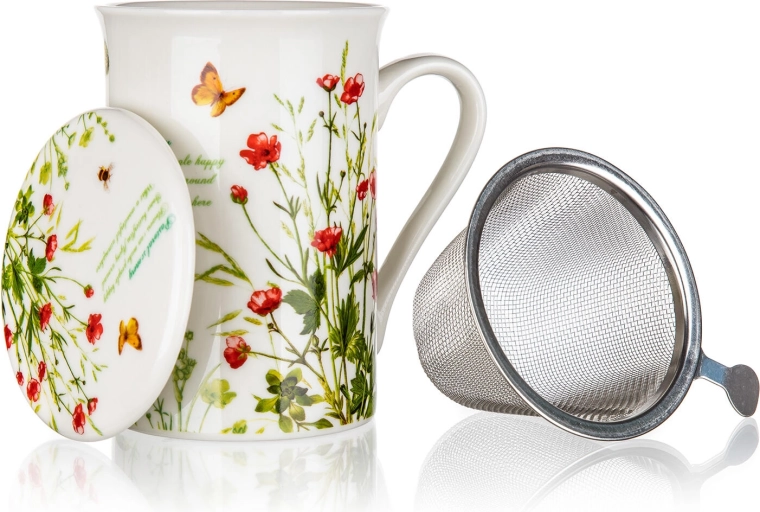 Keramična skodelica s pokrovom in nerjavnim sitom 300 ml Meadow Flowers