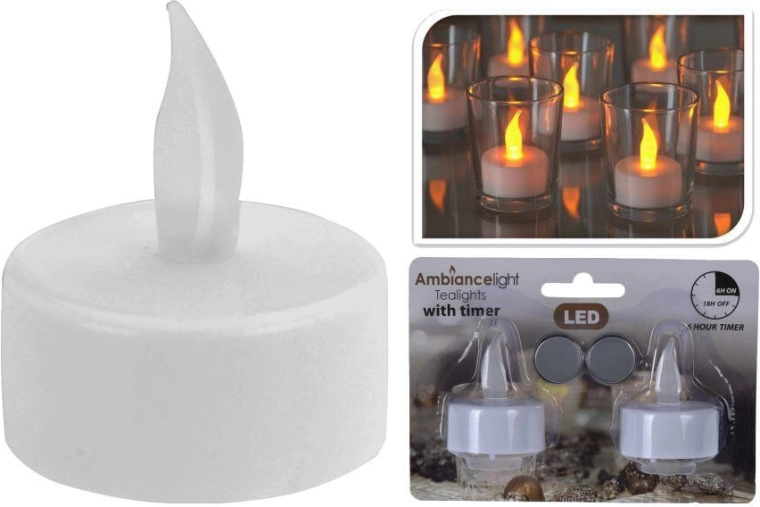 White LED tealight with timer and batteries (2 pcs)