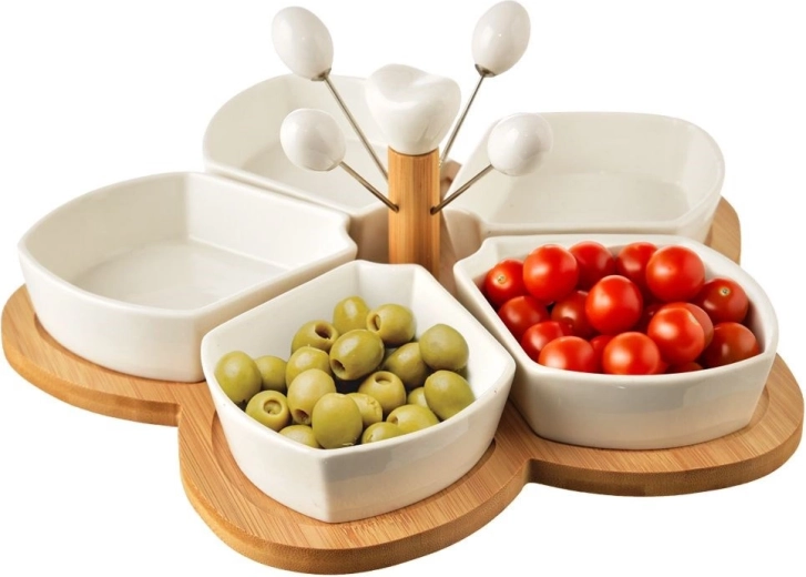 Porcelanaste skledice za prigrizke z bambusovim pladnjem Orion Whiteline
