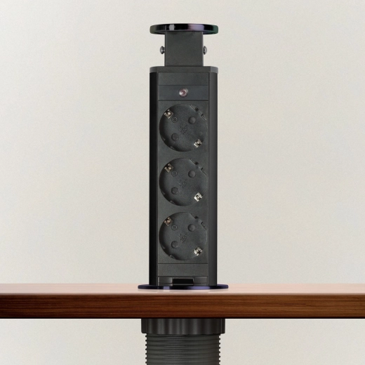 Retractable desktop socket with 3 Schuko sockets