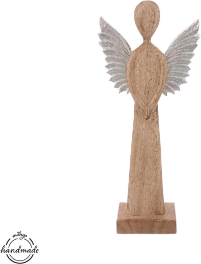 Leseni dekorativni angel iz mangovega lesa s kovinskimi krili 32 cm