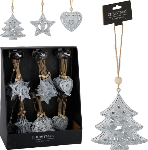 Božična viseča kovinska dekoracija, mešanica oblik 7–7,5 cm, bela