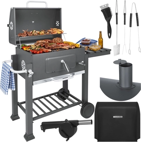 Vrtni kotni žar na oglje s pokrovom in litoželezno rešetko KAMINER