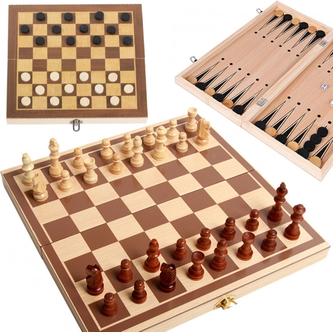 Lesena 3-v-1 set: šah, dama in triktrak