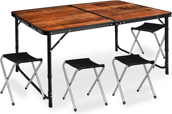 Zložljiv kamp set s stolom in 4 stolčki v imitaciji lesa, 5v1 v kovčku