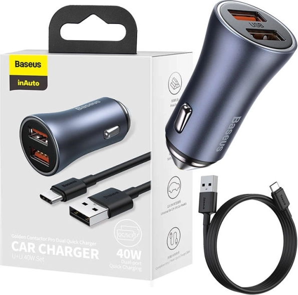 Polnilec za avto Baseus z dvojnim USB in kablom USB-C