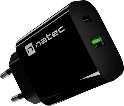 Natec Ribera omrežni polnilnik 20 W, USB-A + USB-C, črn
