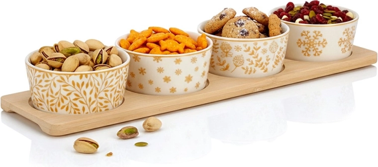Porcelanaste skledice za prigrizke na bambusovem pladnju, 5-delni set
