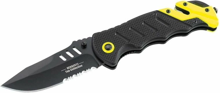Reševalni žepni nož Herbertz z rezalnikom pasov in razbijačem stekla, G10, črn/neon