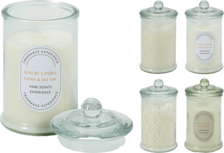 Dišeča sveča v steklu s pokrovom, premer 7 cm, mešanica dišav in dekorjev