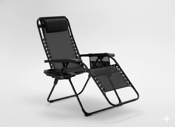 Vrtni nastavljivi ležalnik Zero Gravity, zložljiv, s podstavkom za pijačo in žepom, črn 65 × 176 × 110 cm