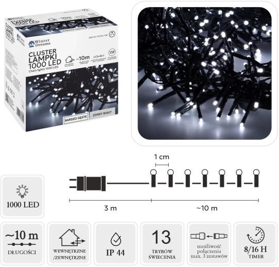 LED cluster string lights, 1000 LEDs, cool white, 10 m