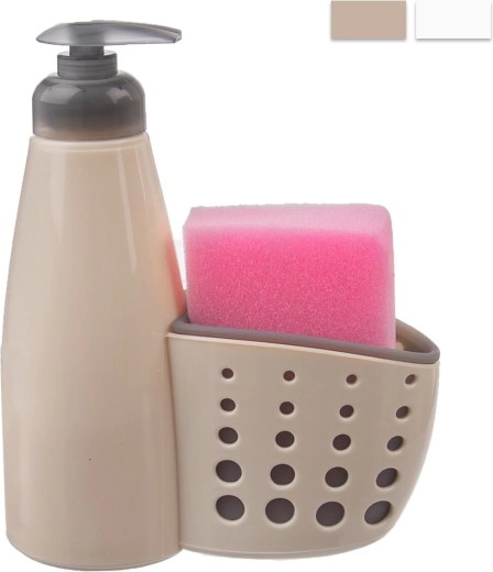 Dozator za detergent za posodo z držalom za gobico, bež, 370 ml