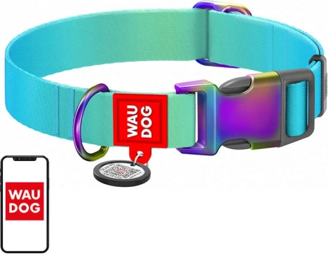 Najlonska ovratnica z QR kodo WAU DOG gradient, modra, velikost L (33–49 cm)
