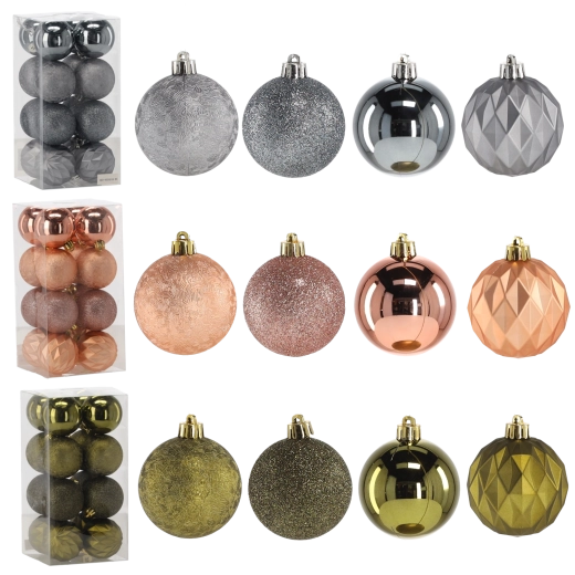 Set božičnih okraskov 6 cm – olivna, bakrena in grafitna, 16 kos