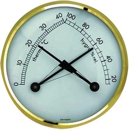 Kovinski termometer in higrometer z medeninastim obročem, premer 7 cm, stenski