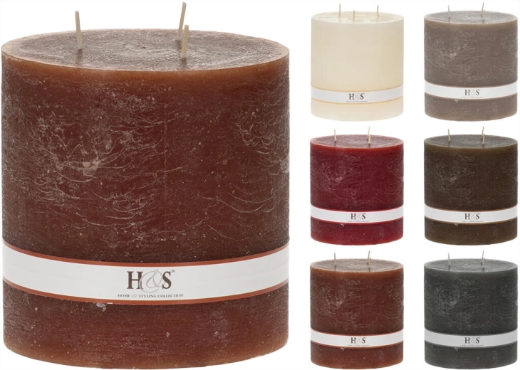 Rustikalna valjasta sveča 14 × 14 cm s 3 stenji – mešanica barv