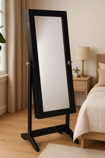 Črna škatla za nakit s stoječim ogledalom 41,5 × 36,5 × 147 cm