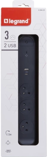 podaljševalni prenapetostni razdelilec 3 vtičnice z USB A/C, 1,5 m, črn