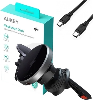Magnetni avtomobilski nosilec z brezžičnim polnjenjem 15 W AUKEY Qi2 (črn)