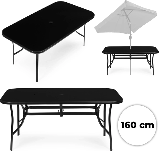 Vrtna miza 160 × 90 cm iz kaljenega stekla z odprtino za sončnik, črna, MultiGarden
