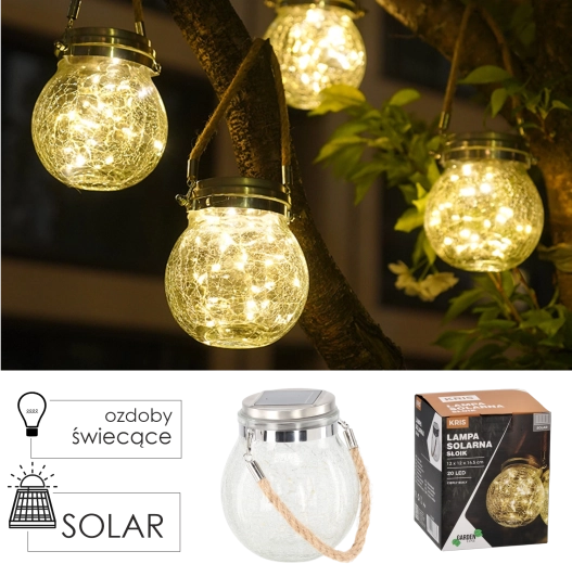 Solarna viseča laterna v obliki kozarca iz razpokanega stekla 12 × 12 × 14,5 cm, toplo bela