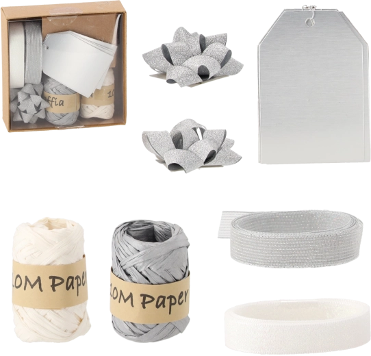 Božični komplet za zavijanje daril – srebrna in bela, 11 delov