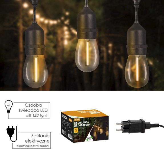 Vrtna LED-girlanda FILAME z daljinskim upravljanjem, 18 m, 15 žarnic, topla bela