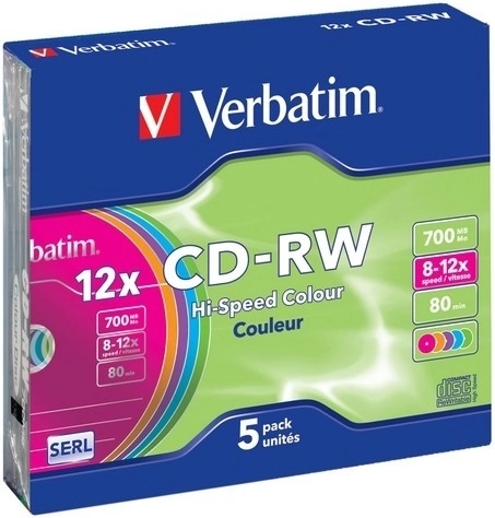 Verbatim CD-RW Colour 700 MB 12x v tanki škatlici Slim Case – 5 kosov