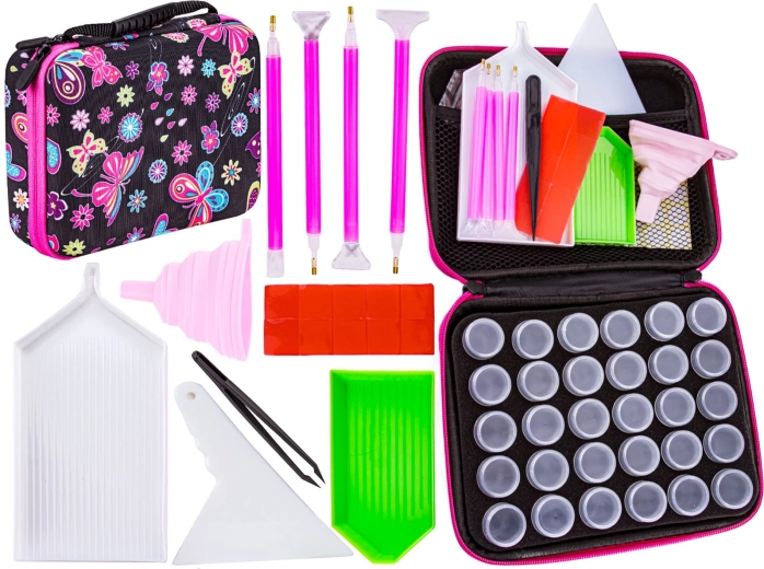 Pribor za diamond painting – barvit etui s 30 posodicami in dodatki