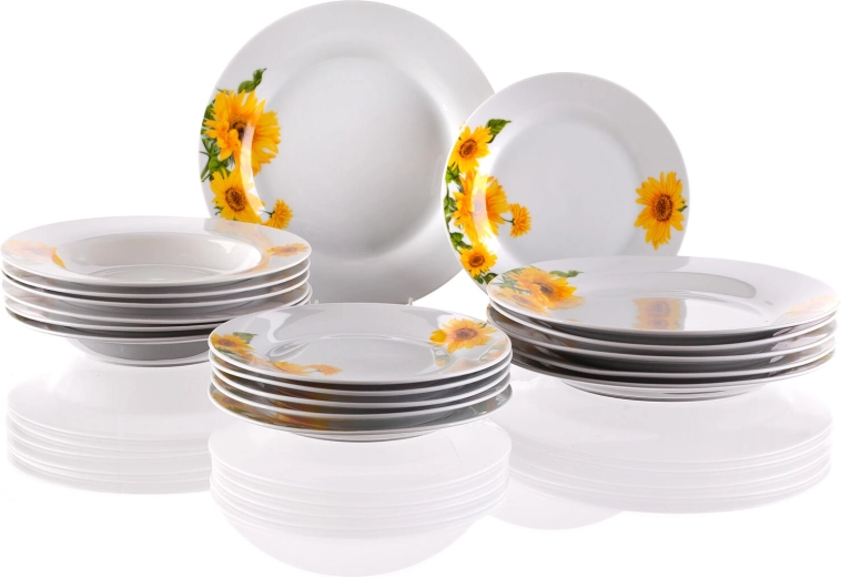 Porcelanasti jedilni set s sončničnim motivom SUNNY, 18 delov, bela