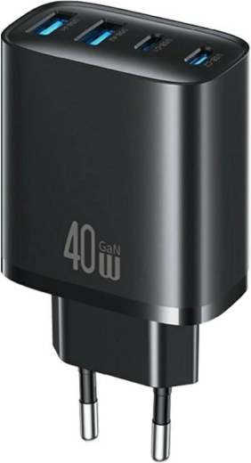 Omrežni polnilnik USAMS T70 40 W, 2× USB-A + 2× USB-C, črn