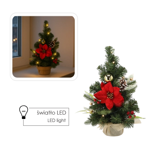Namizno božično drevesce 40 cm s toplimi LED, rdeče‑zlat
