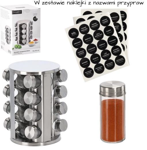 Vrtljiv okrogel stojalo za začimbe iz nerjavečega jekla s 16 steklenimi kozarčki za začimbe