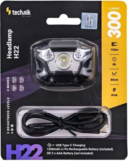 Naglavna svetilka Technik H22 z USB‑C, z belim, rdečim in zelenim svetlom (300 lm)