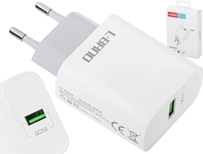 Omrežni polnilnik USB 15 W s hitrim polnjenjem QC 3.0 L-BRNO bel