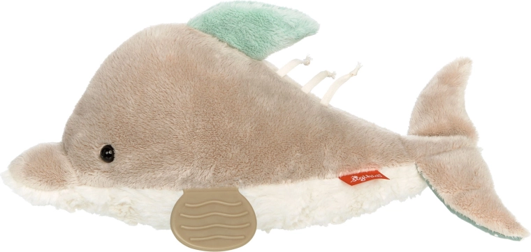 Sigikid razvojna igrača delfin 35 cm s šumečim lističem, ropotuljico in grizalom