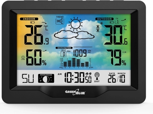 Brezžična vremenska postaja z DCF, barvnim zaslonom ter merjenjem temperature in vlažnosti GREENBLUE