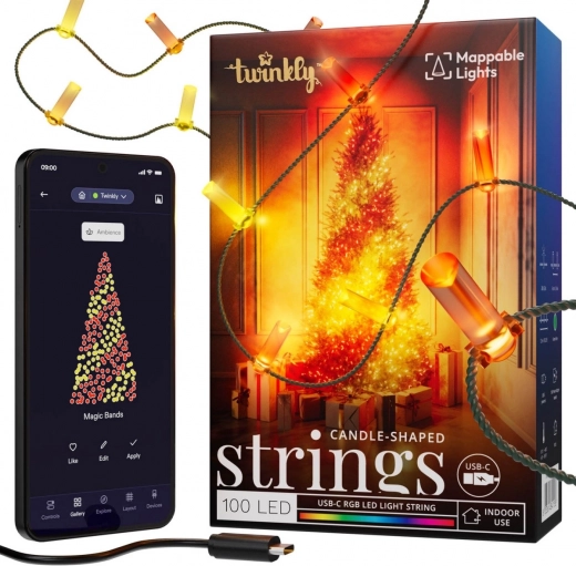 Pametna dekorativna svetilka Twinkly Candies USB-C 100 LED RGB, svečke, zelen kabel, 6 m