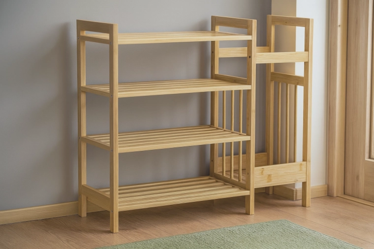 Bambusova polica s 4 policami in stranskim predalom za dežnike 73,5 × 28 × 66 cm