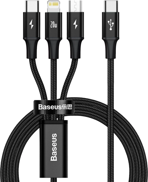 Polnilni kabel Baseus 3 v 1, 20W, črn, 1,5 m