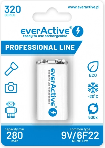 Akumulator everActive 9V 320 mAh Ni-MH pripravljen za uporabo