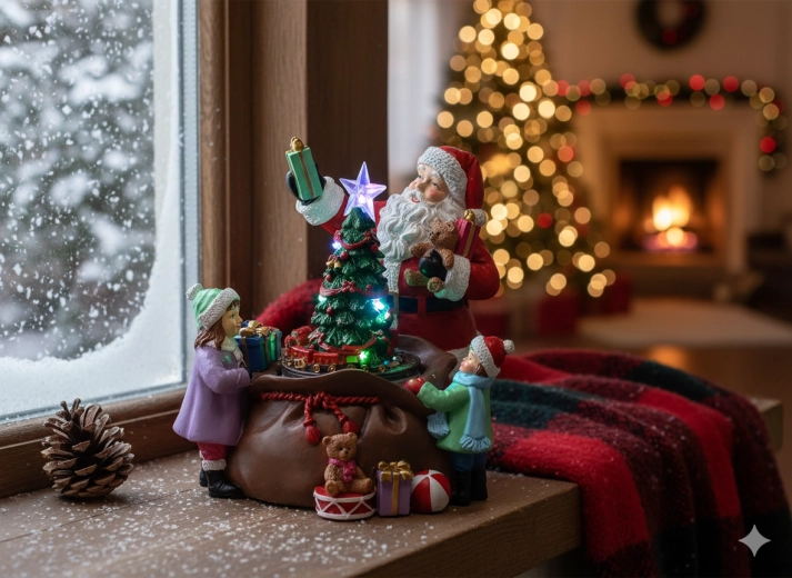 Božična glasbena LED dekoracija s Santom, drevescem in darili 20 × 19 × 19 cm