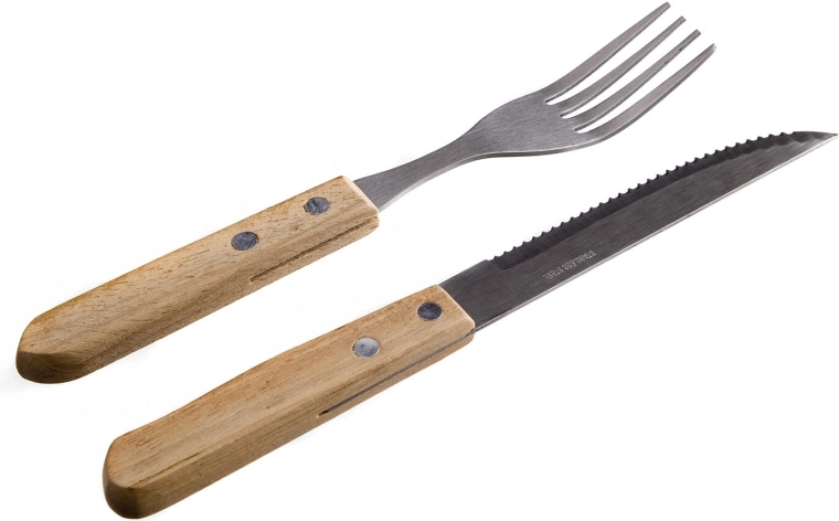 Steak komplet pribora PARTY iz nerjavnega jekla s svetlim lesenim ročajem (6+6 kos)