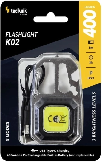 Technik MT-K02 obesek COB LED delovna svetilka s karabinom in USB‑C, 400 lm