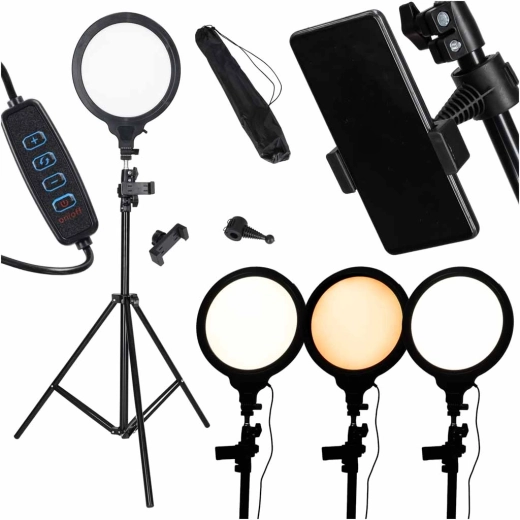 LED circular ring light on a tripod with phone holder, 3 light colors