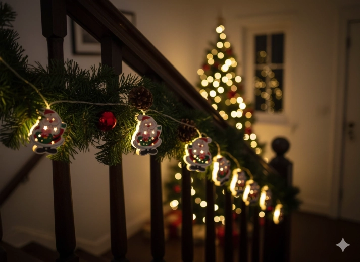 Lesena božična LED veriga Santa, 10 lučk na baterije