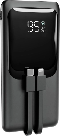 Powerbanka 10.000 mAh z integriranimi kabli, LCD zaslonom in hitrim polnjenjem 20 W, črna